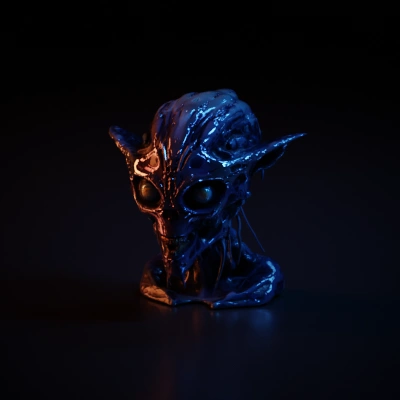 Eerie alien-like creature with hollow eyes and intricate detailing.
