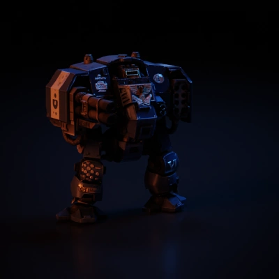 Blue armored robot with weapons.