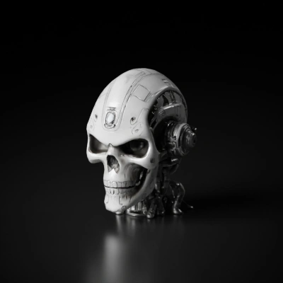 Skull-faced cyborg with intricate machinery, human features.
