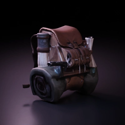 Adventure backpack with various gear attached, rolled blanket. mirror the blanket roll on the right side too