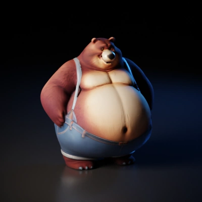 Obese cartoon bear wearing suspenders and jeans.