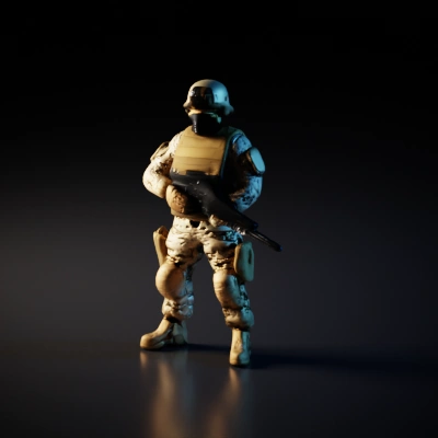 Soldier in full combat gear with rifle.