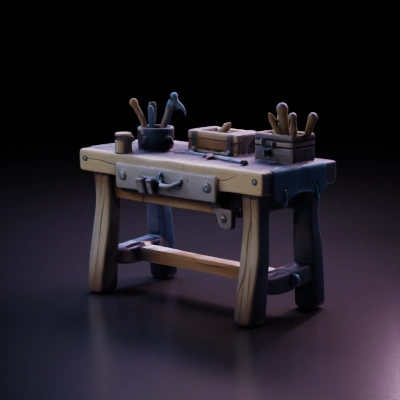 Wooden workbench with tools and drawers.