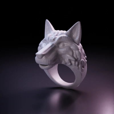Wolf-head ring, intricate design, gemstone eyes. symmetric geometry. sharp edges. complex geometry. game-ready.