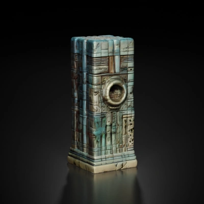 Ancient monolithic structure with intricate carvings, mystical.