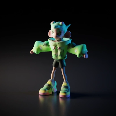 Cartoon character with oversized ears and sneakers.