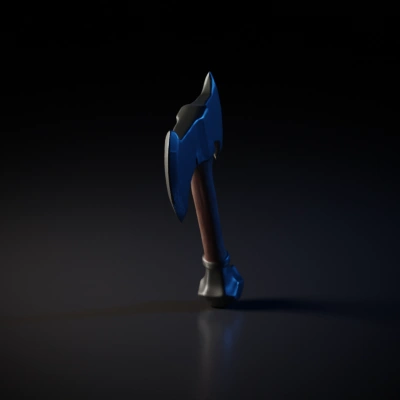 Battle axe, wooden handle, metal head.