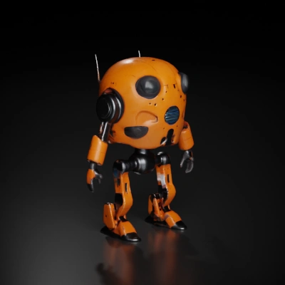 Small, bipedal robot with visible joints and antennas.