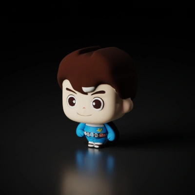 Cartoon character, large eyes, superhero outfit.