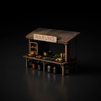 Wooden sign with 'WARUNG'.