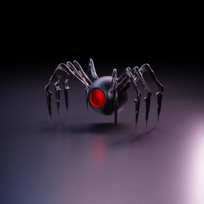 Spider-like metalic robotic creature, multiple legs, red core, all parts are connected and articulated.