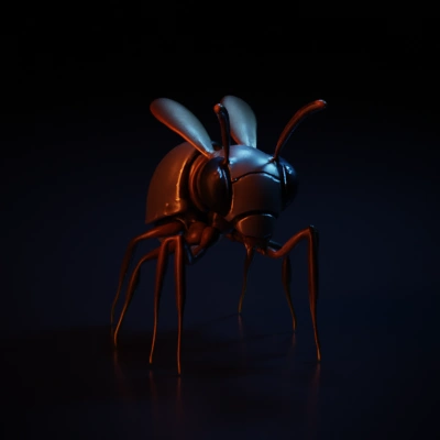 Metallic robotic insect, detailed structure, flexible joints.