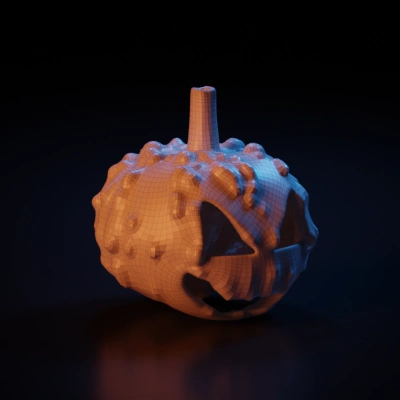 Pumpkin head with menacing facial expression. symmetric geometry. sharp edges. simple geometry. game-ready.