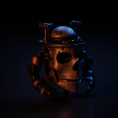 Mechanical robot with humanoid skull, menacing design.