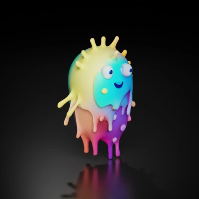 Cartoon rainbow-colored germ with a face.