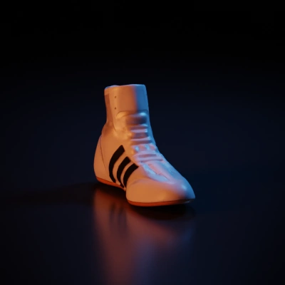 High-top athletic sneaker, three stripes, brand logo.