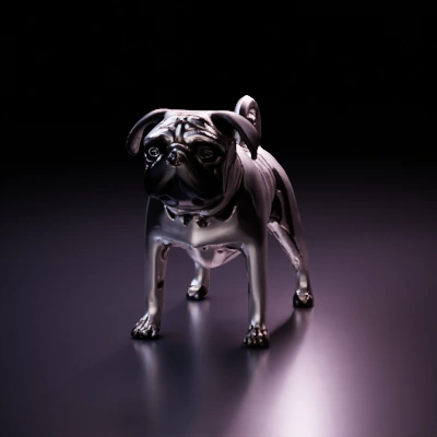 Metallic finish, stylized pug with snail shell.