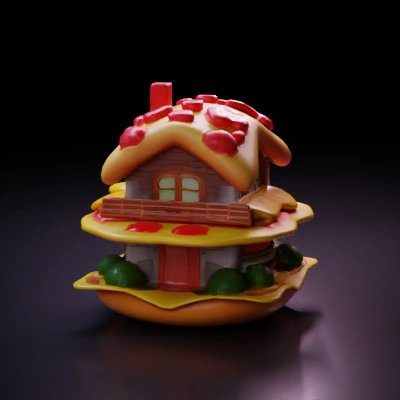 Burger-inspired house with pizza roof, whimsical design.