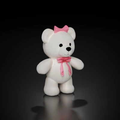 Fluffy curly white teddy bear with pink satin ribbon