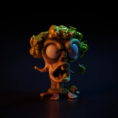 Terrified cartoon tree monster with fruit hair, big eyes, screaming face.