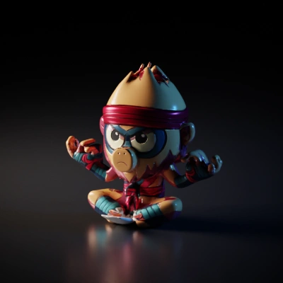 Cartoon monkey warrior, headband, determined expression.