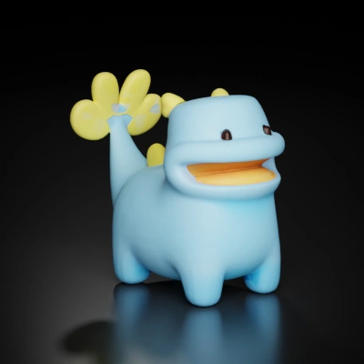 Smiling cartoon dinosaur with round features. He has one teeth on his left side of his mouth