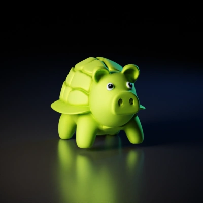 Turtle-pig hybrid, high polly design, head and top are separated. 

generate turquoise color