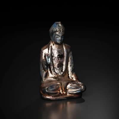 Meditating Buddha statue, traditional attire and seated pose.