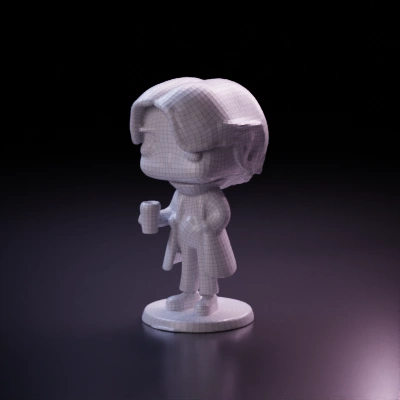 Chibi-style figure holding a cup of coffee.
