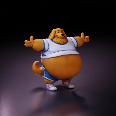 Fat anthropomorphic dog wearing sports attire.