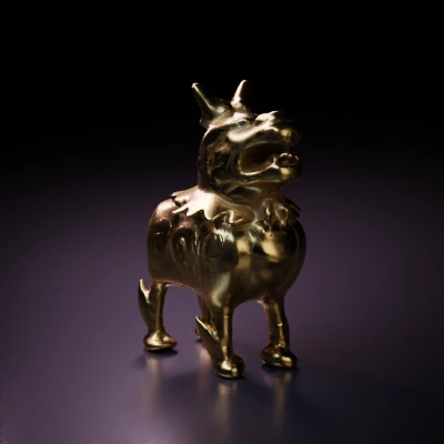 Fierce mythical creature statue, intricate detailing.