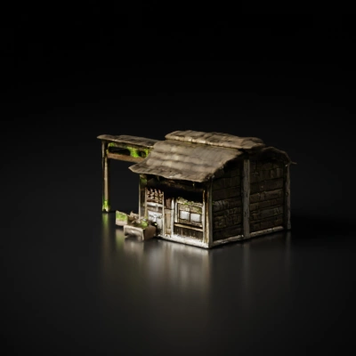 Wooden rustic hut with attached shed.