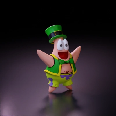 Cartoon starfish character in festive attire.