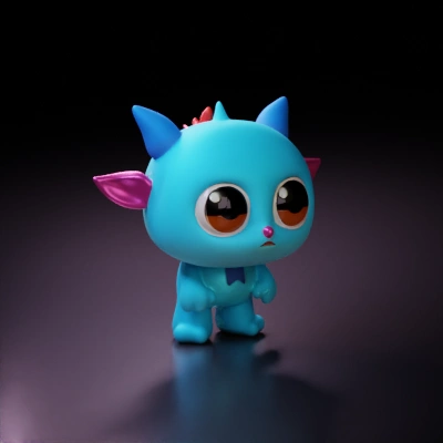 Cute big-eyed monster with horns, childlike appeal.