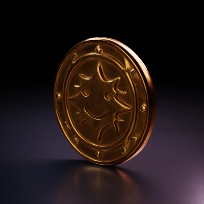 Round coin with a smiling sun symbol.