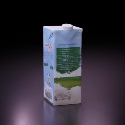 Milk carton, rectangular prism, compact design.