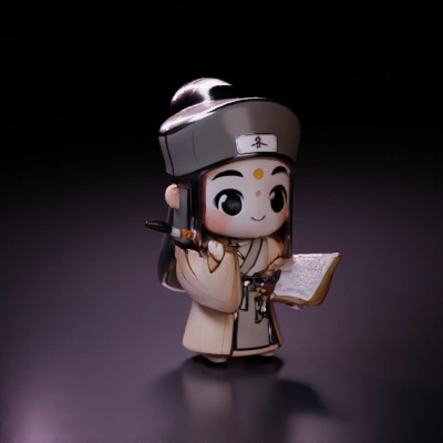 Cartoon scholar holding book, traditional outfit, cute.