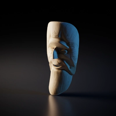 Wooden tribal mask, elongated face, beard, with intricate carvings.