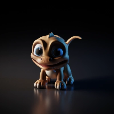 3d printed Cute faced baby T-rex with big eyes, comic style.