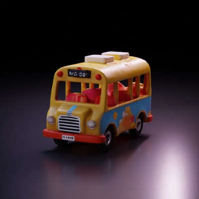 Cute, cartoon-style school bus with playful designs.