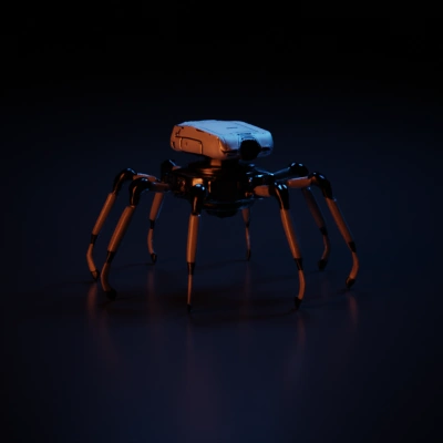 Spider-like robotic turret with multiple appendages, futuristic design.