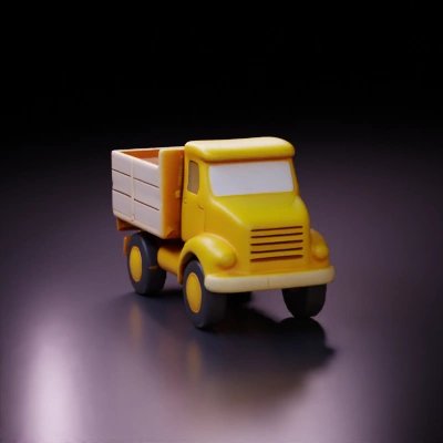 Stylized toy truck, cartoonish design, chunky proportions.