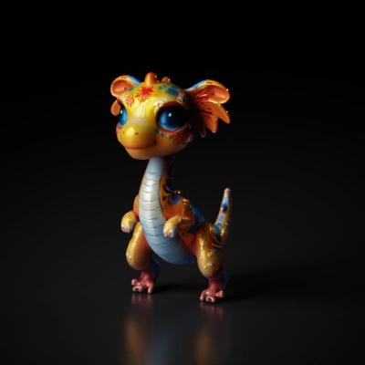 Cute cartoon baby dragon with big eyes.