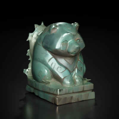panda-themed stone statue with decorative patterns.