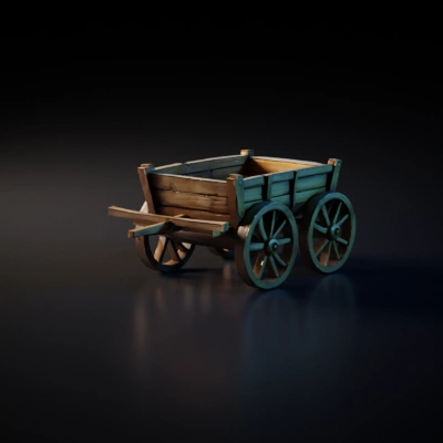 a low poly medieval wooden cart for a fantasy game, with two large wooden wheels, a simple wooden frame and handles, empty with no cargo inside, hand-painted texture style, simple chunky shapes, limited color palette, 1–2 materials and a single texture set, game-ready 3D asset.