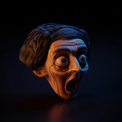 Frightened cartoonish face, exaggerated features.