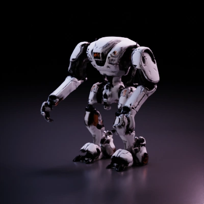 Mechanical robot with articulated limbs and torso.