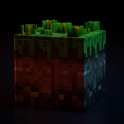 Pixelated grass and dirt cube, voxel art.