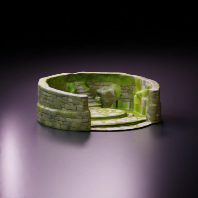 Image depicts a 3D-rendered, circular stone ruin with a mystical and ancient style. The layout features a series of concentric stone steps leading to a central platform, surrounded by partially collapsed stone walls and pillars. The stones are weathered and covered in patches of green moss, adding to the aged appearance. Vines and small plants grow between the cracks of the stones, enhancing the sense of abandonment and nature reclaiming the structure. The background is a dark, gradient blue, which contrasts with the grey and green tones of the ruins, emphasizing the structure's details and textures.