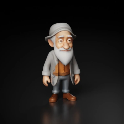 Elderly man with beard and hat, cartoon style character.